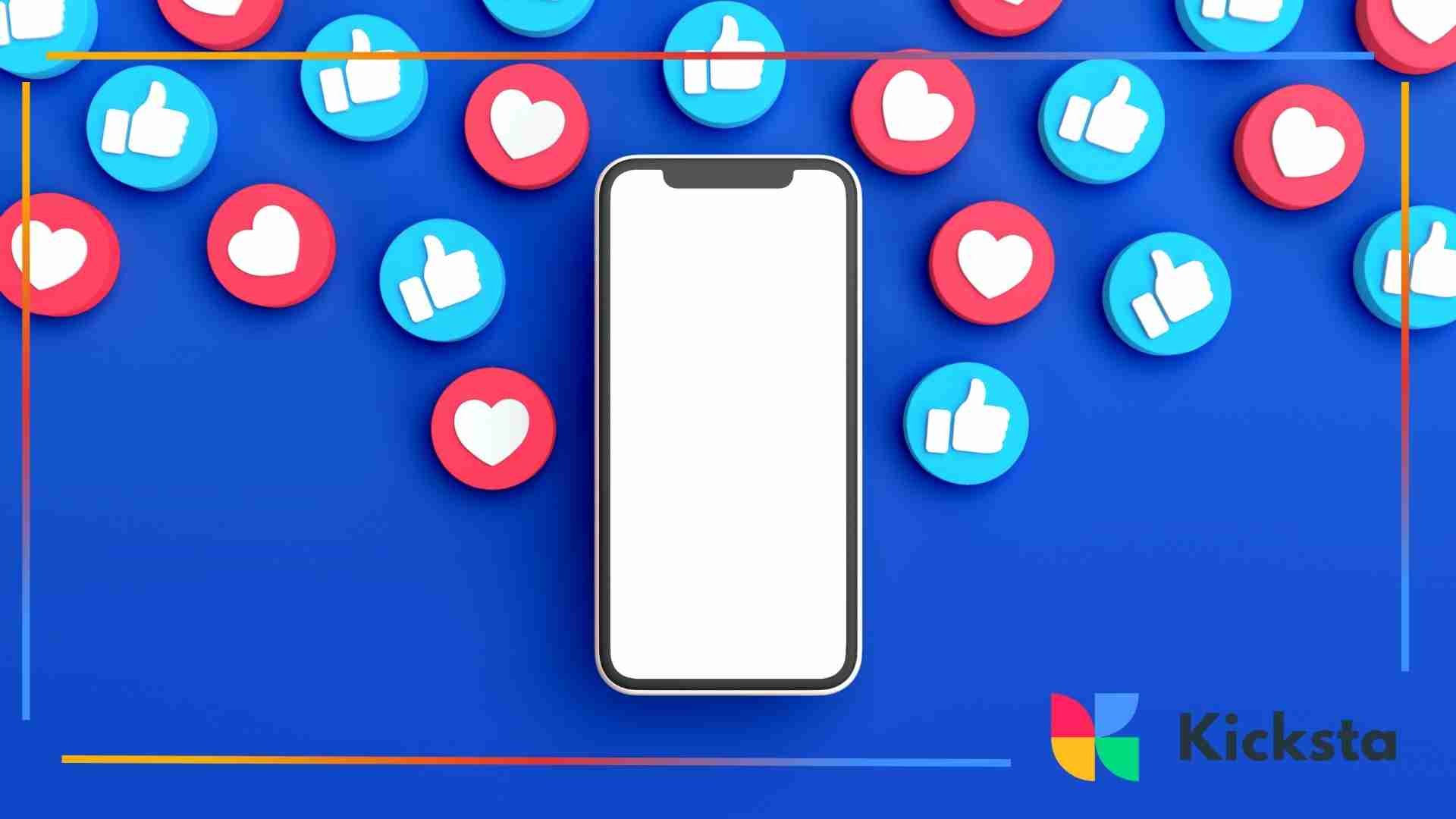 Smartphone with a blank screen surrounded by heart and thumbs-up icons on a blue background, representing social media engagement and likes.