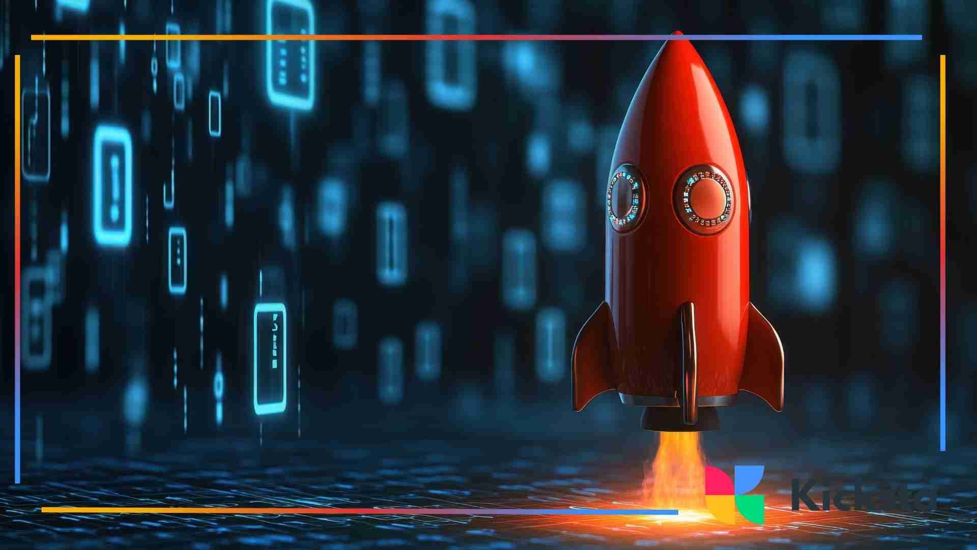 Red rocket launching upward against a futuristic digital background, symbolizing rapid growth or acceleration.