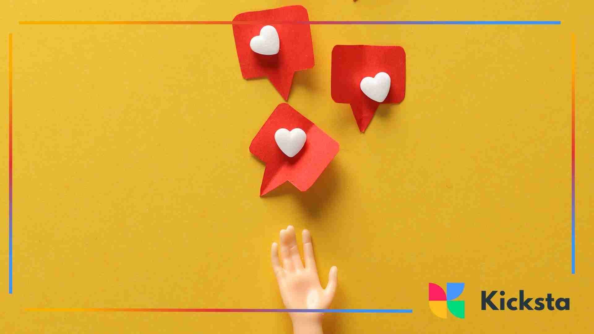 Hand reaching toward heart-shaped notification icons on a yellow background.