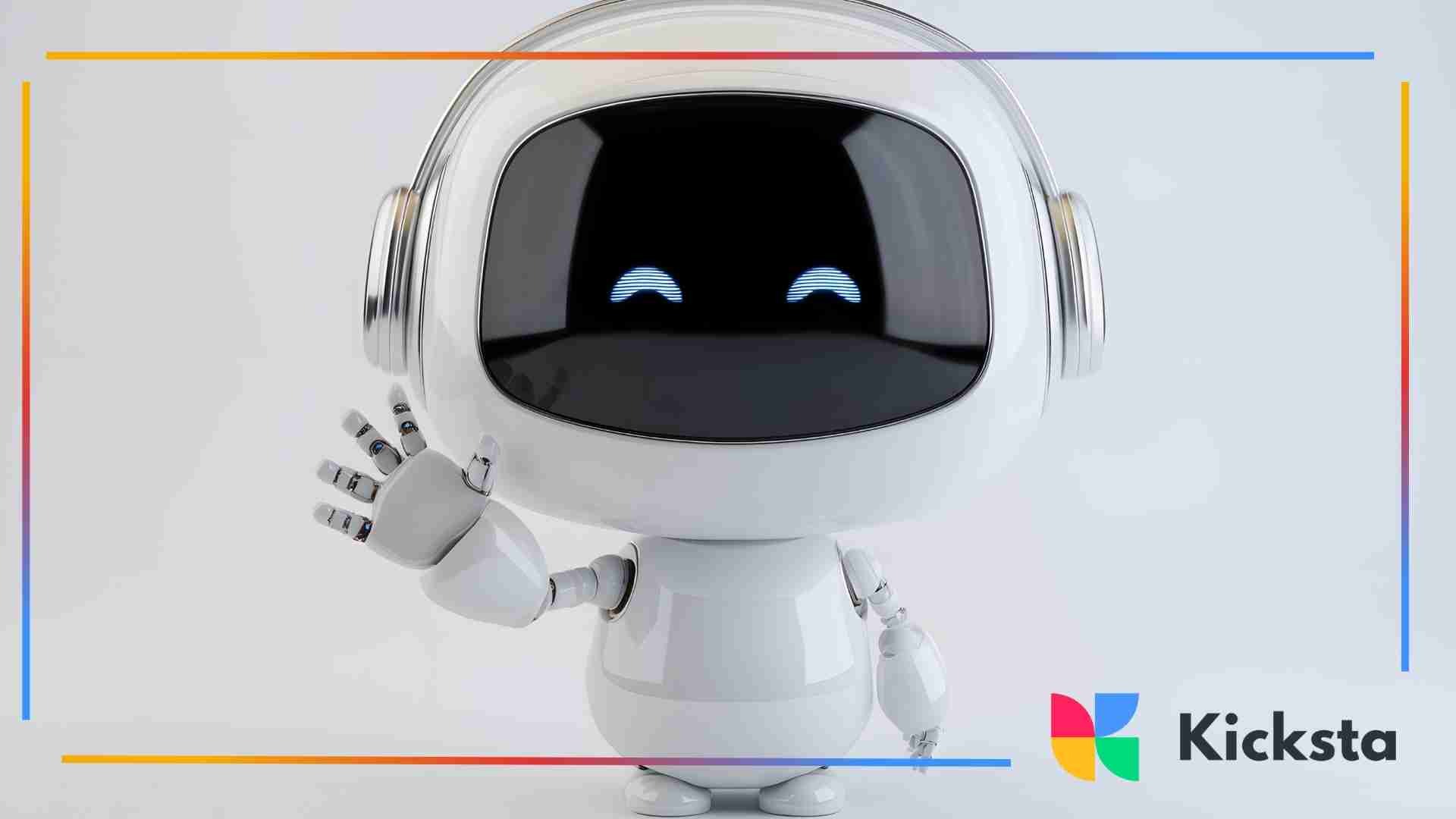 White robot character with a digital face waving against a light background.