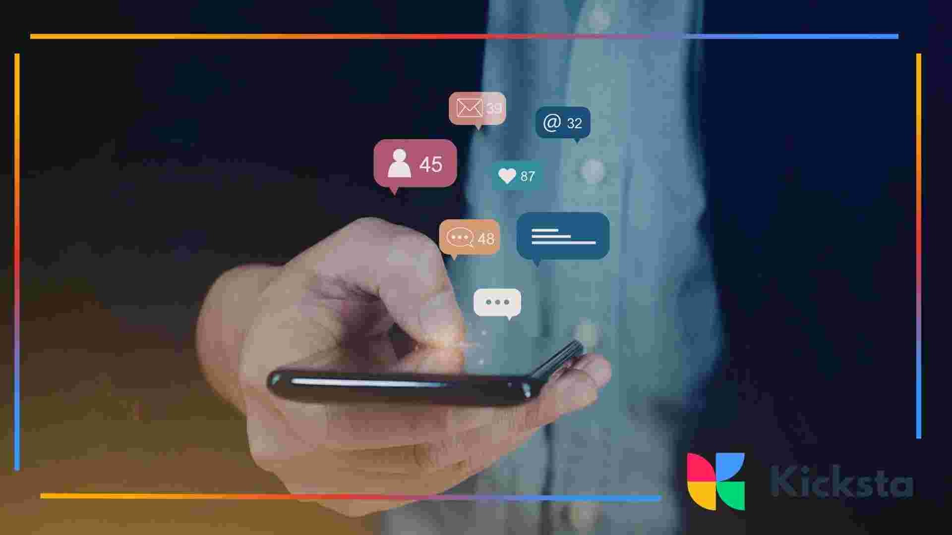 Hand holding a smartphone with floating notification icons representing messages and social activity.