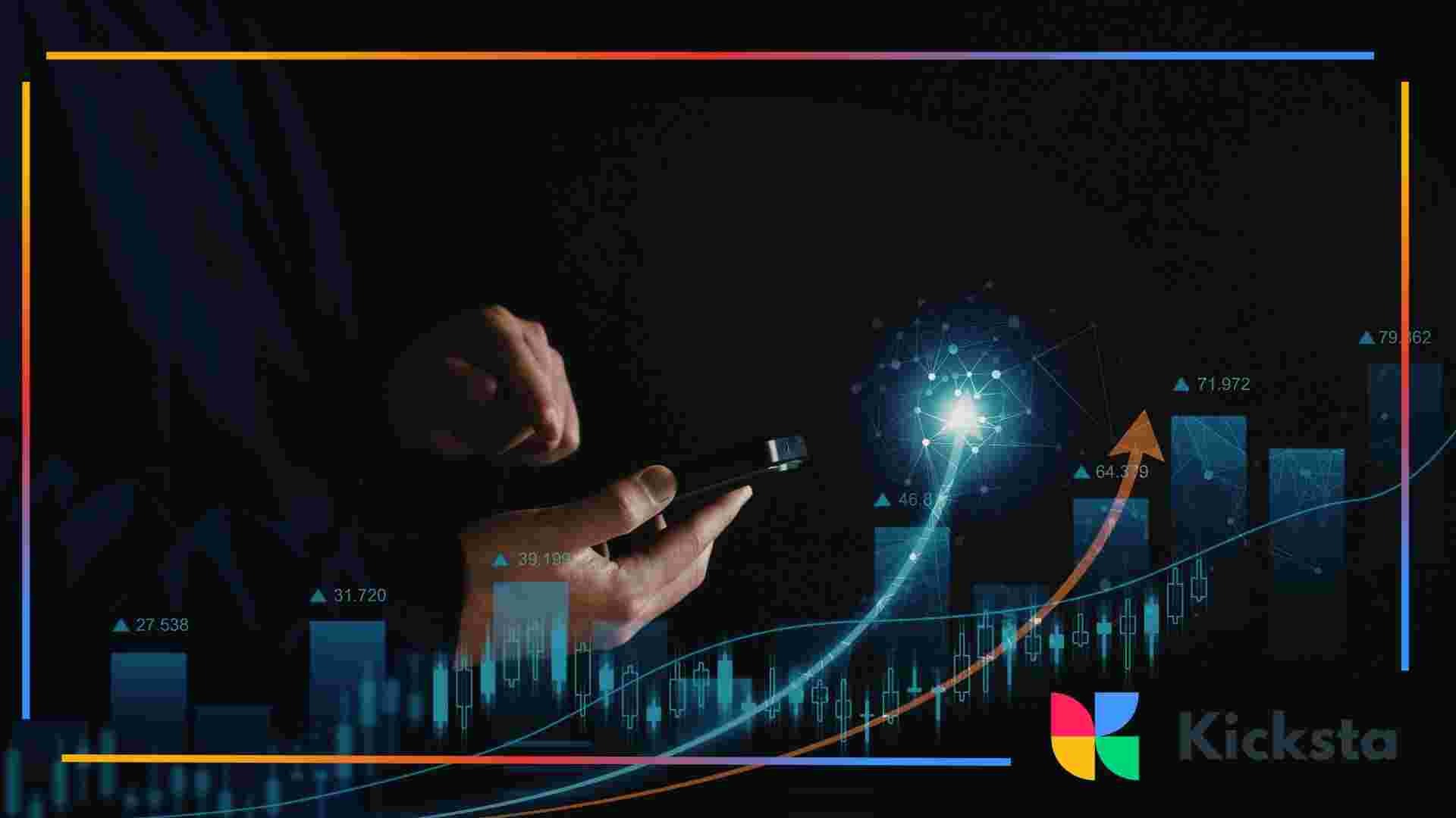 Hands holding a smartphone with an abstract upward chart and data visuals over a dark background.