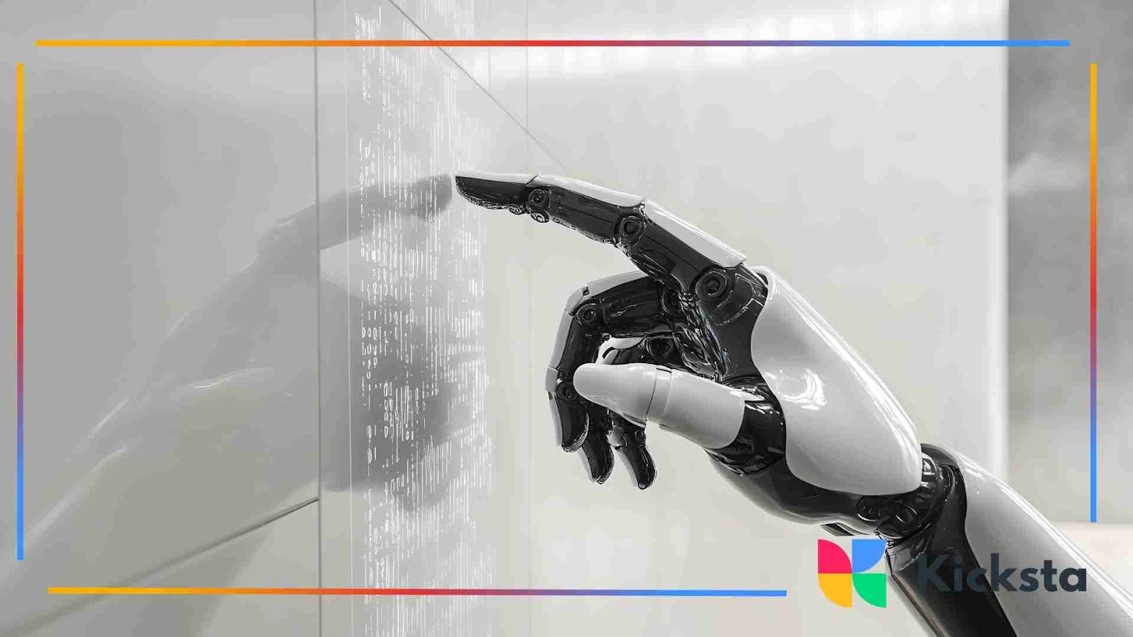 Robotic hand reaching toward a transparent digital interface.