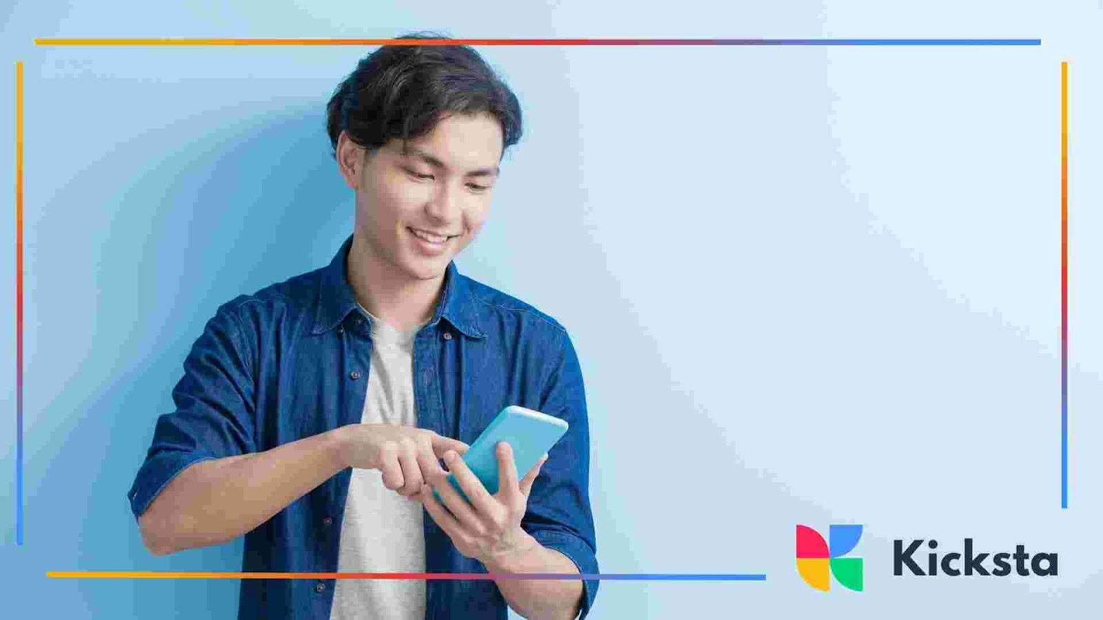 Person pointing at a smartphone screen against a light blue background.