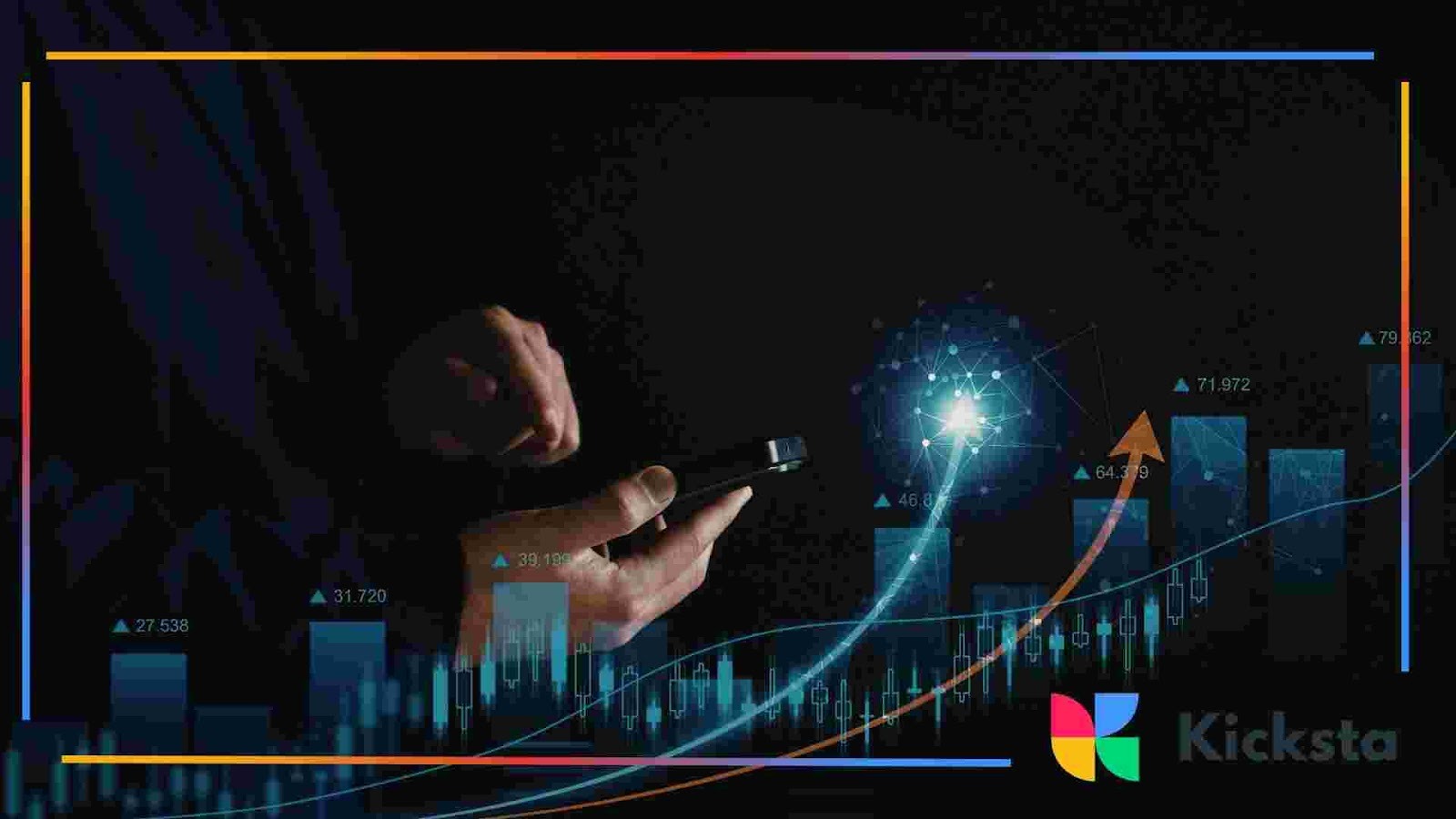 Hands holding a smartphone with an abstract upward chart and data visuals over a dark background.