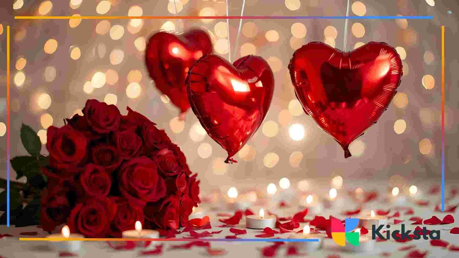 Red heart-shaped balloons floating above a table with candles, rose petals, and a bouquet of red roses.