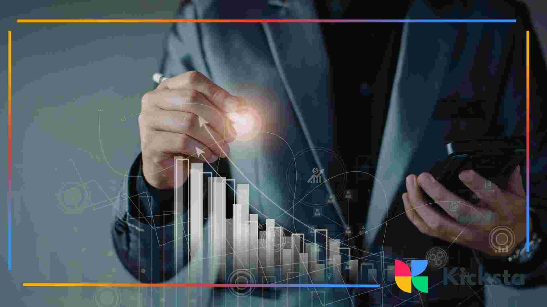 Person holding a smartphone while pointing at an upward bar chart with abstract data lines.