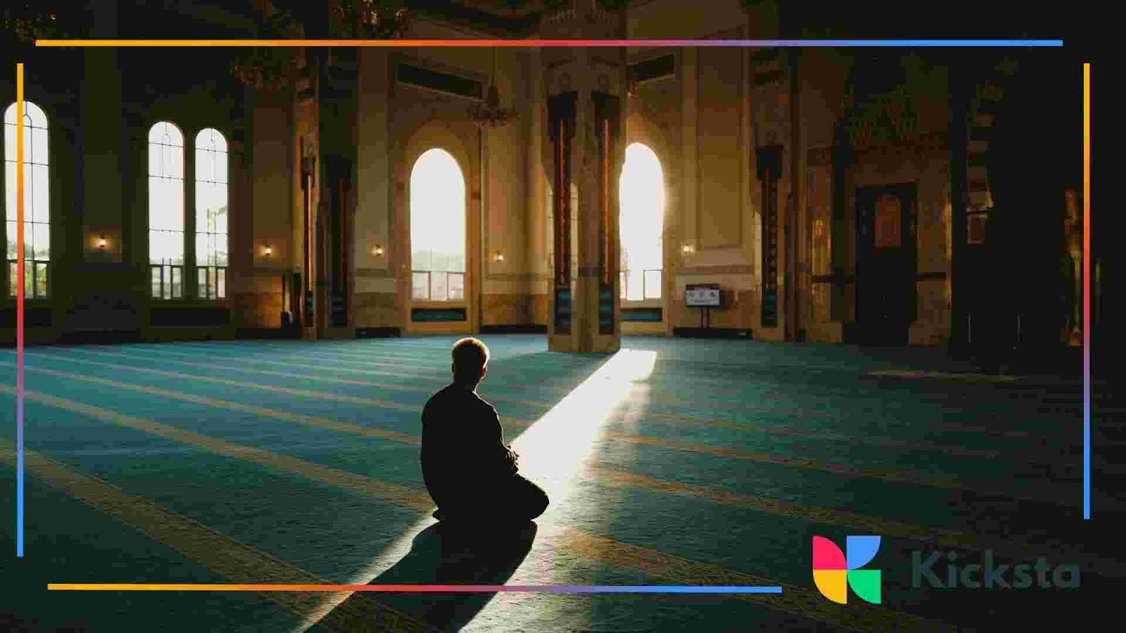 Person kneeling on a patterned floor inside a large hall with tall arched windows and sunlight streaming in.