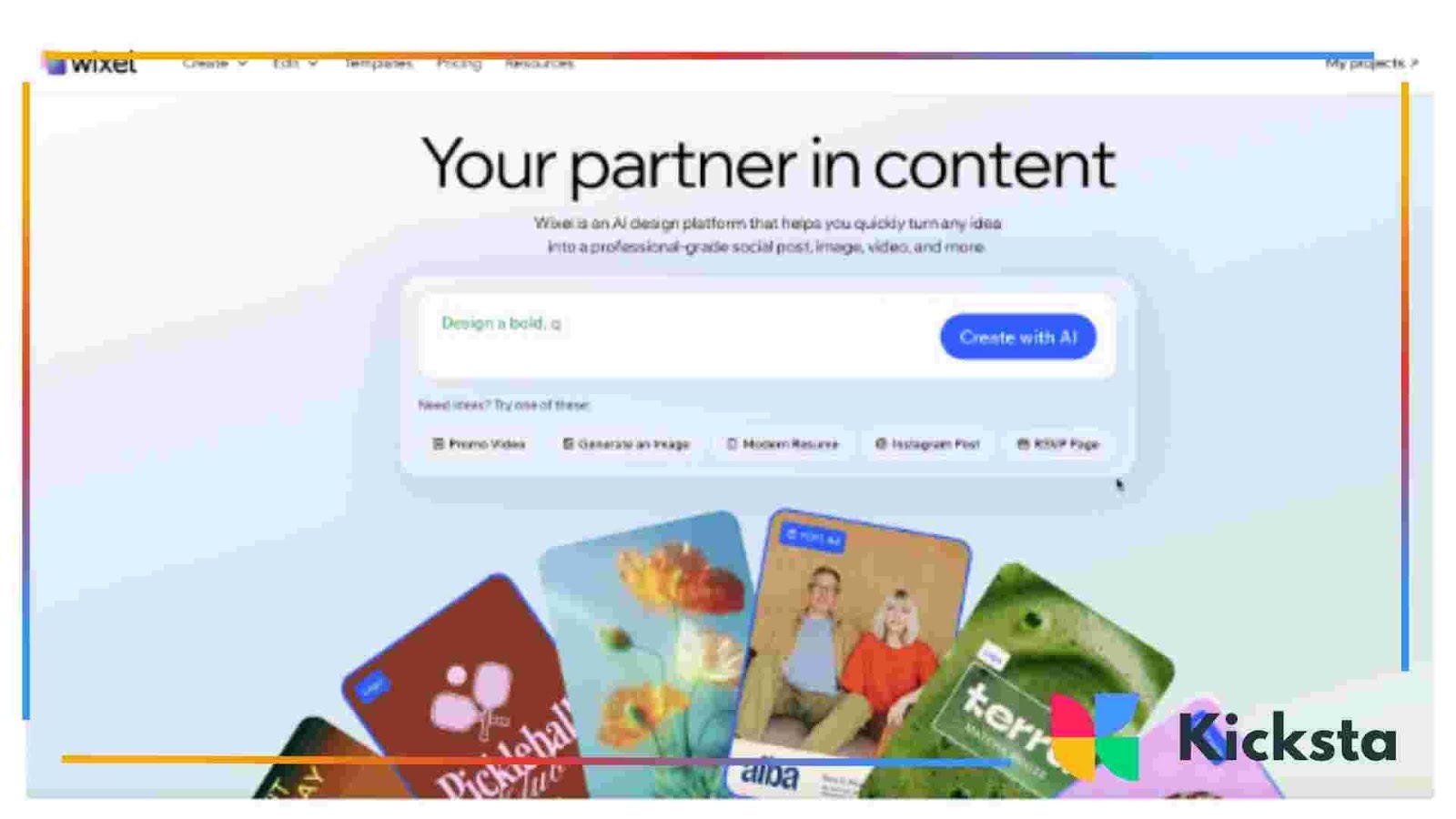 Wixel AI content creation platform homepage showing AI tools for generating social media posts, images, and videos