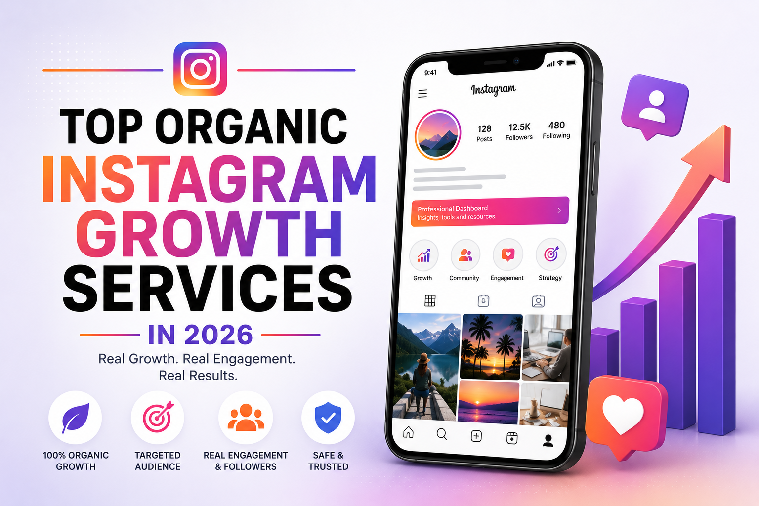 Visible instagram account on phone with top organic instagram growth services in 2026 on the left.