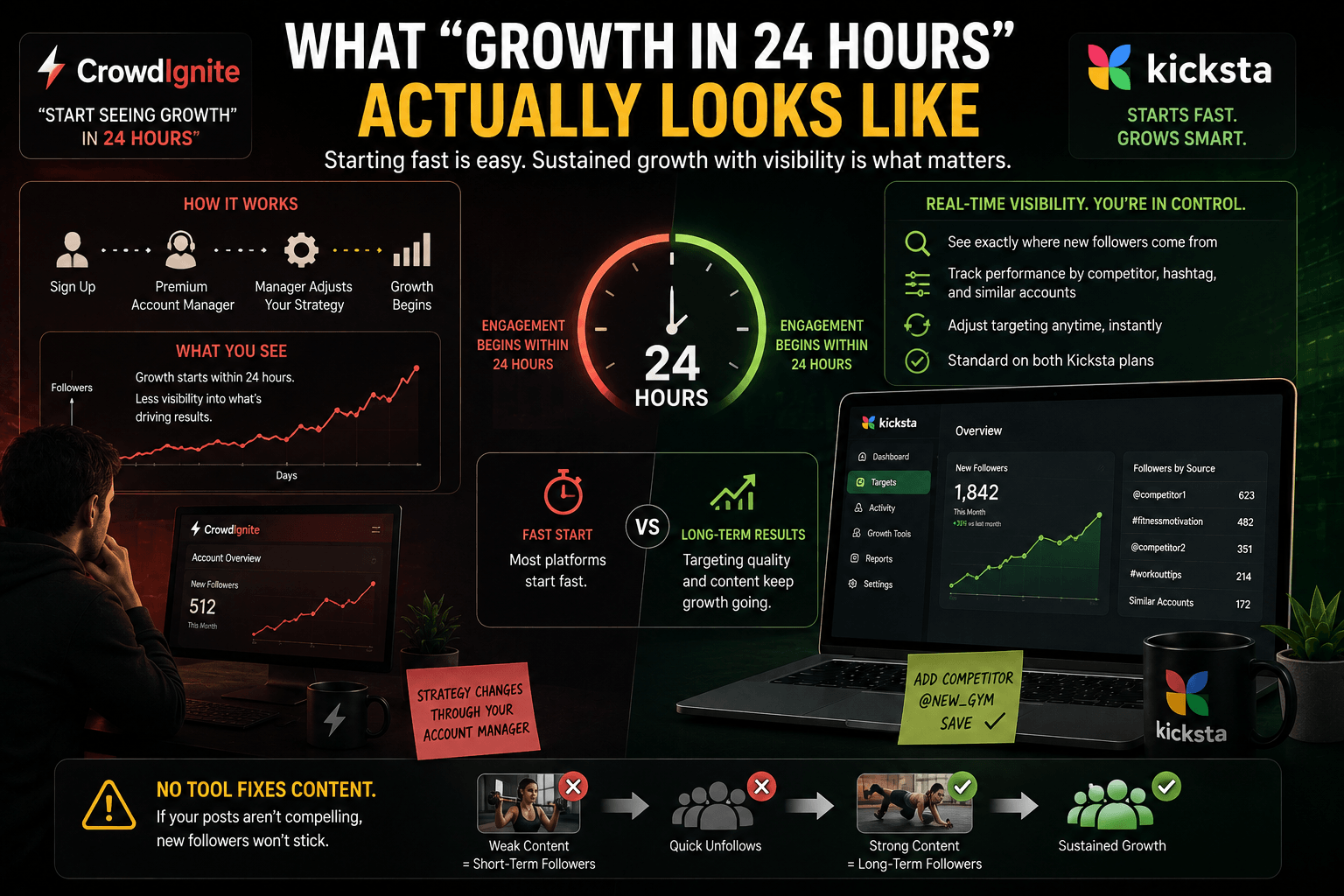 what 24hours looks like with Kicksta and Crowdignite.