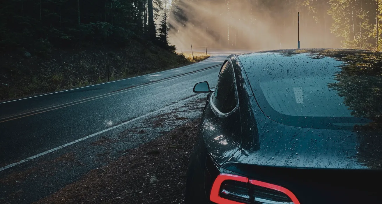 Black car on a wet forest road with sunlight breaking through trees