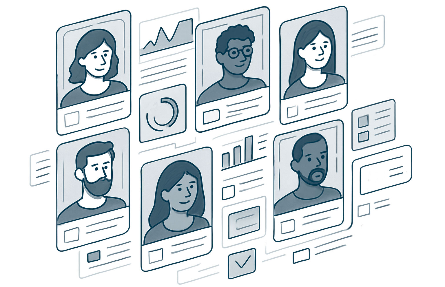 Illustration of diverse digital team profiles representing hiring, career opportunities, and talent recruitment in the tech industry.