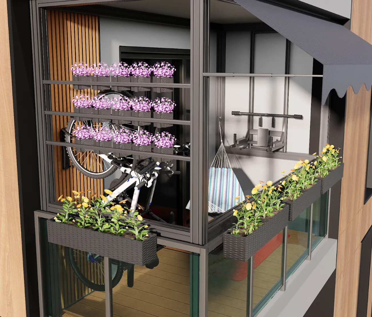 Modern balcony with hanging flower pots, two bicycles stored behind a railing, a striped hammock chair, and outdoor exercise equipment.