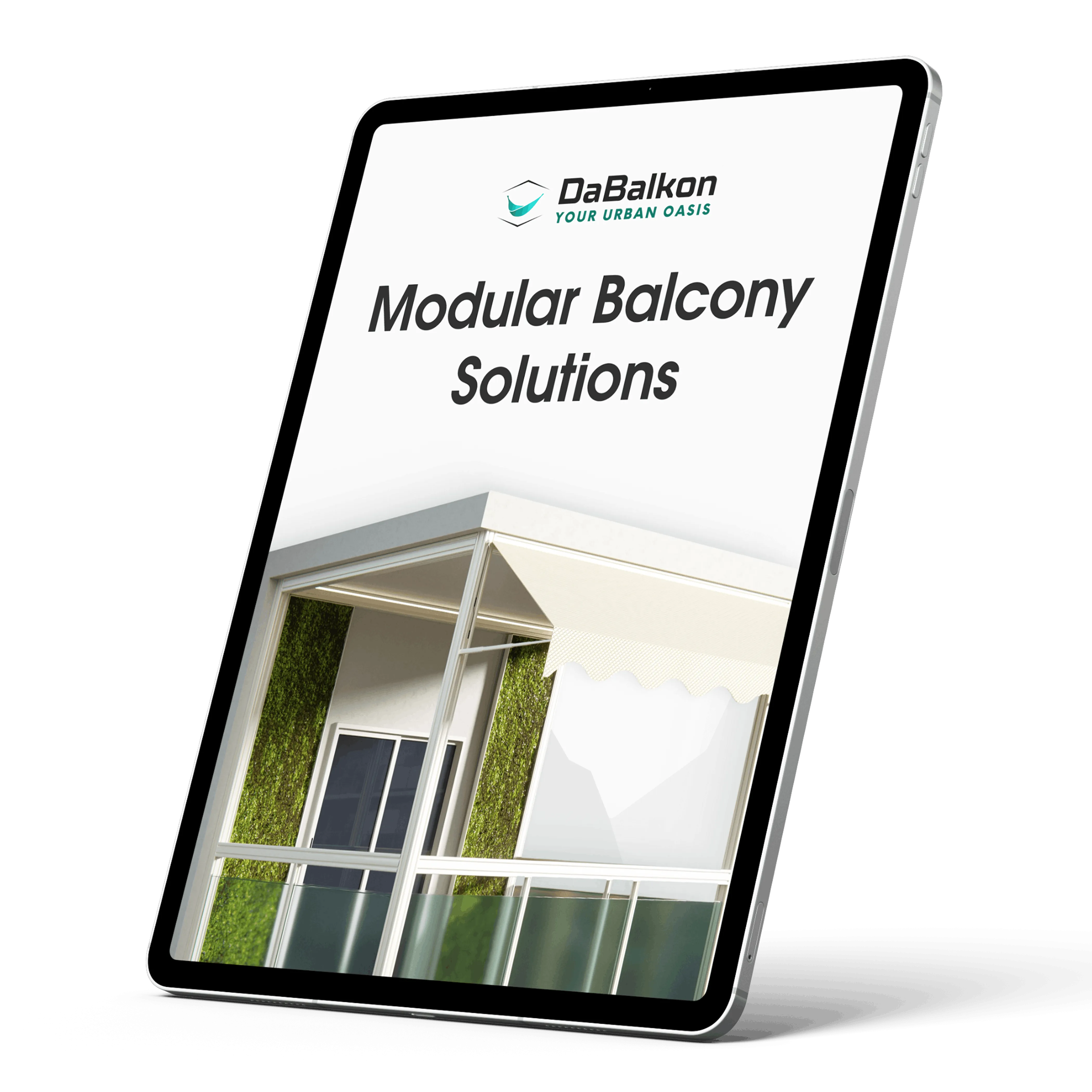 Tablet displaying DaBalkon ebook cover with a modern balcony and text Modular Balcony Solutions.