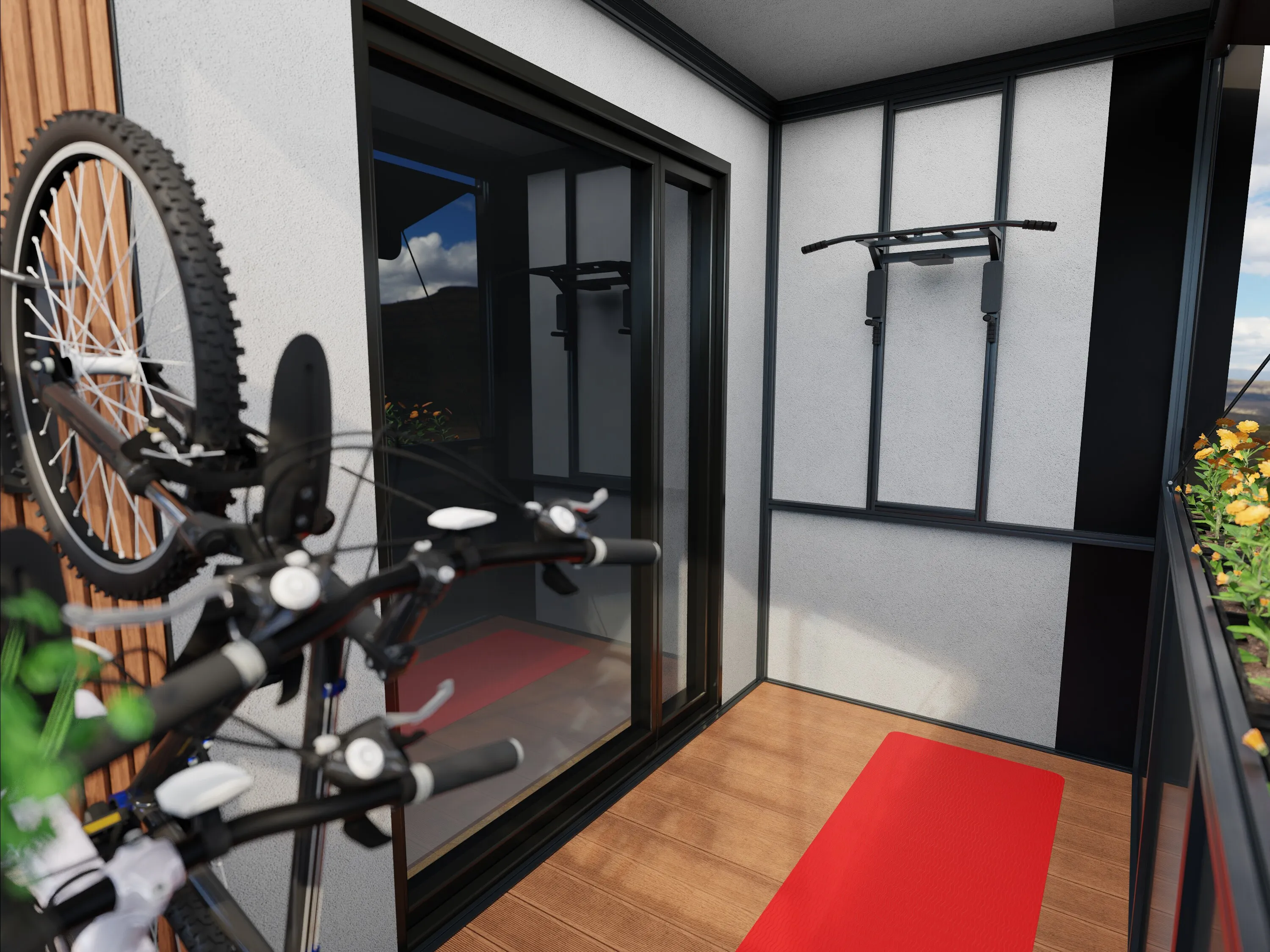 Compact cable pulley weight lifting machine mounted on a balcony with glass railing and autumn trees in the background.