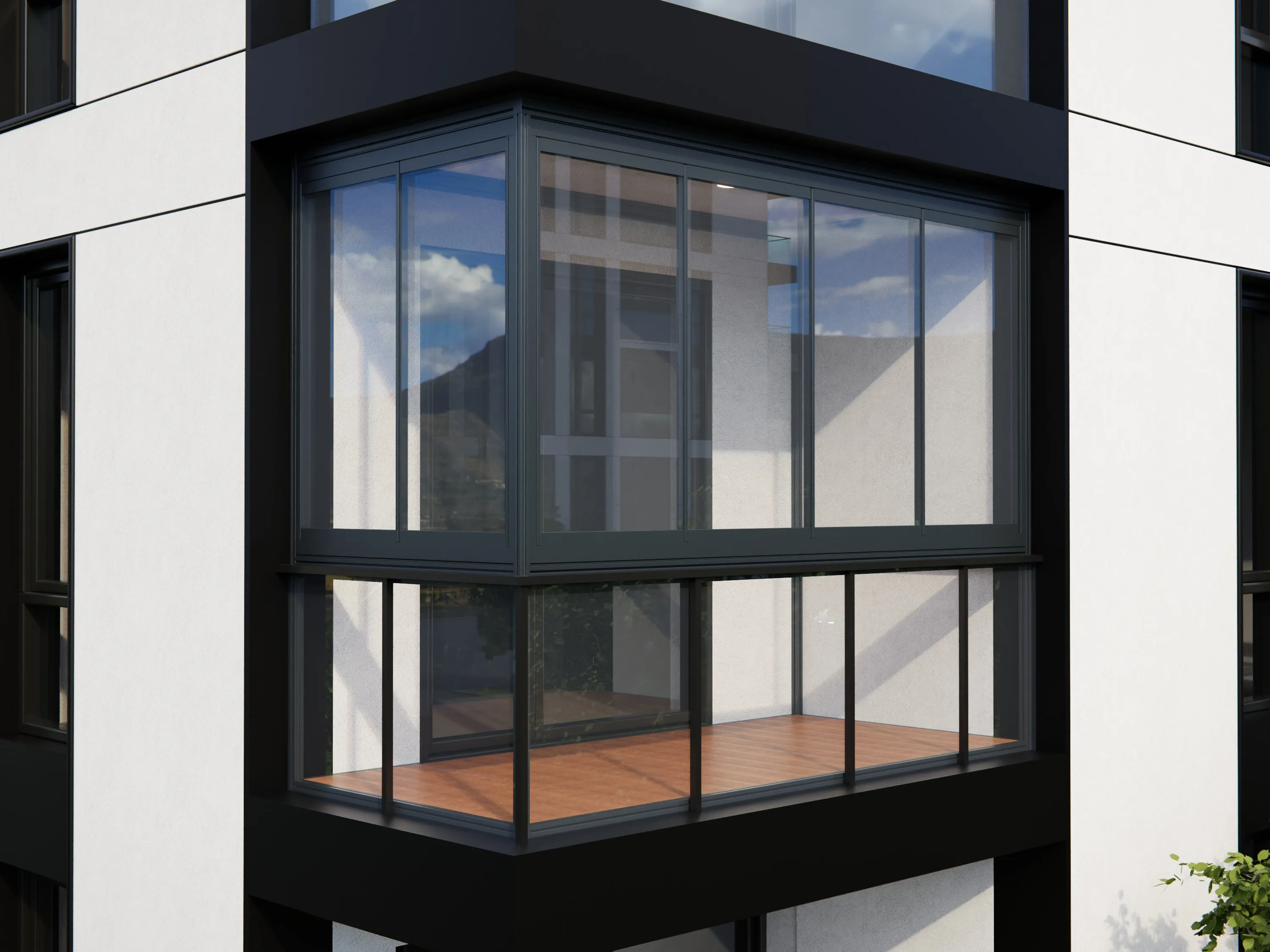 Modern balcony with frosted glass railing and beige scalloped-edge awning on a white building.