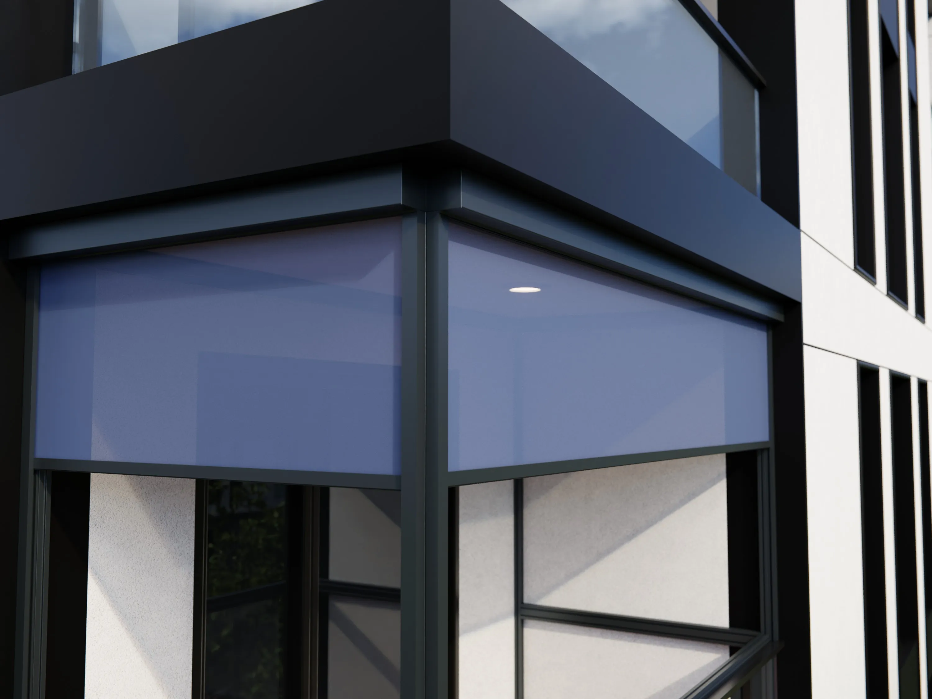 Modern balcony with glass railing, two vertical green moss panels on each side of a dark sliding door.