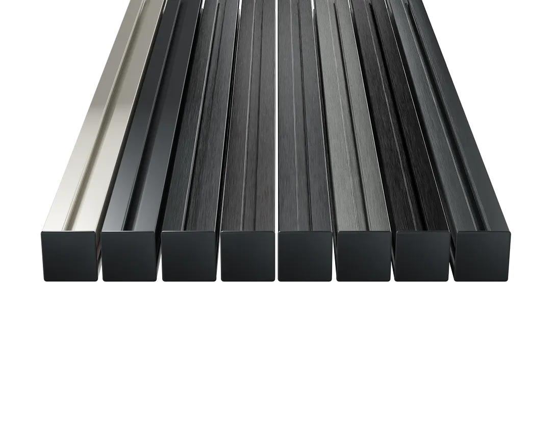 Eight wooden or metal rectangular beams in various shades of gray and black arranged side by side.