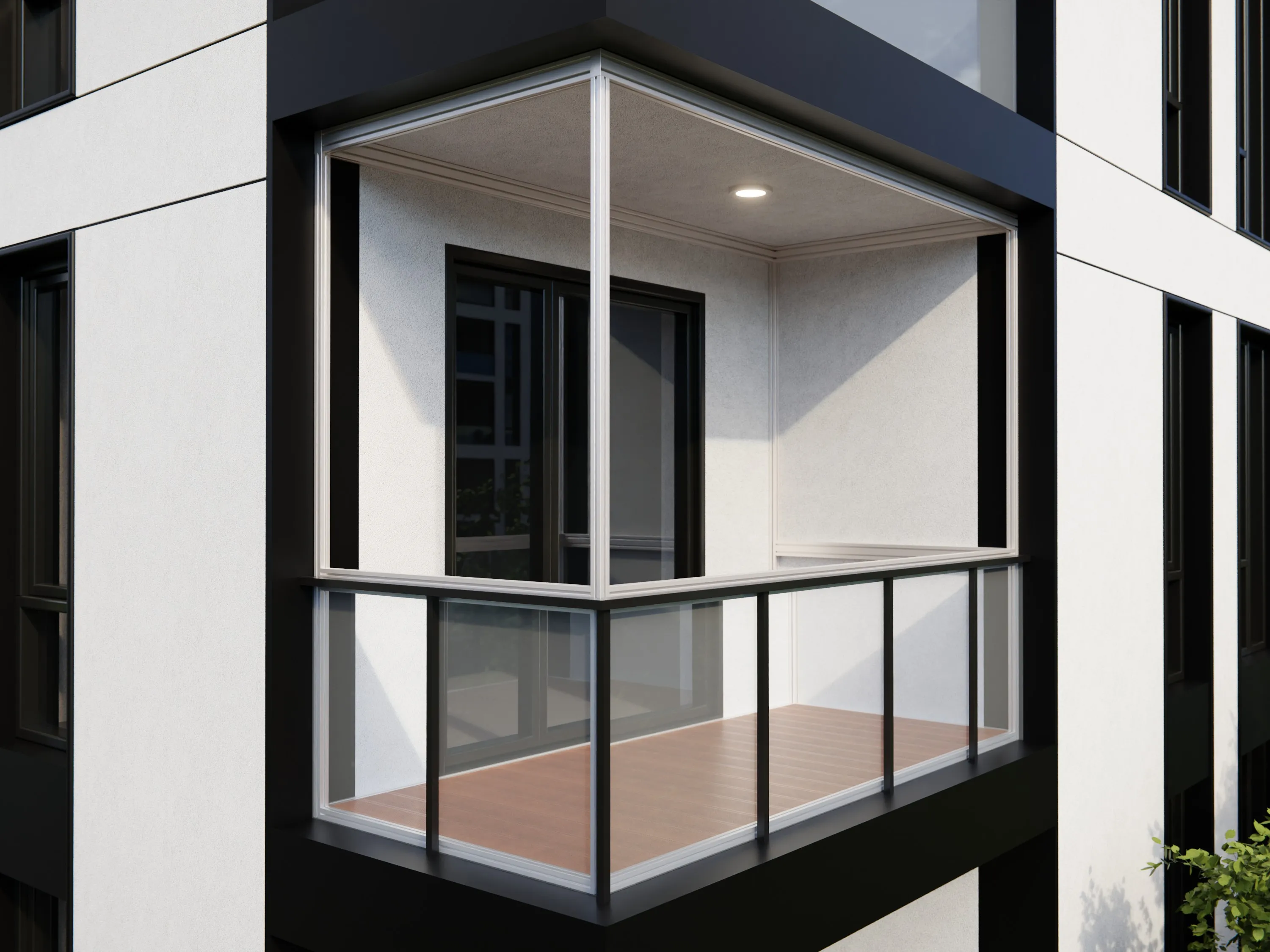 Modern empty balcony with glass railings attached to a white and black apartment building.