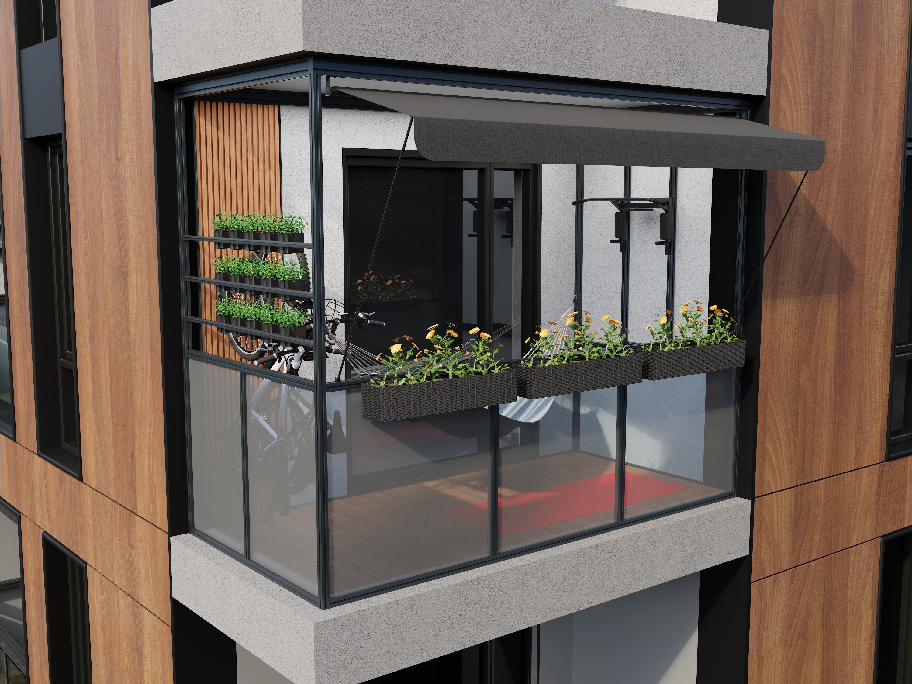 Modern enclosed balcony with a hanging beige chair, wooden table and chair, potted plants, and view of apartment buildings under a partly cloudy sky.