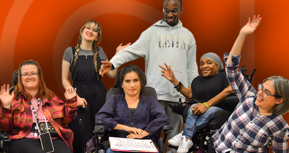 Image includes six people grouped together, four of whom are wheelchair users. The image is from our Disability Equity Grant Recipient ALLFIE (copyright Qais Khan). 
