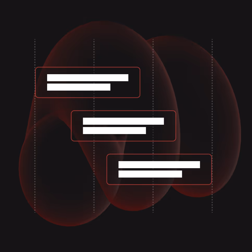 Abstract dark background with three overlapping translucent red shapes and white rectangular text boxes outlined in red.