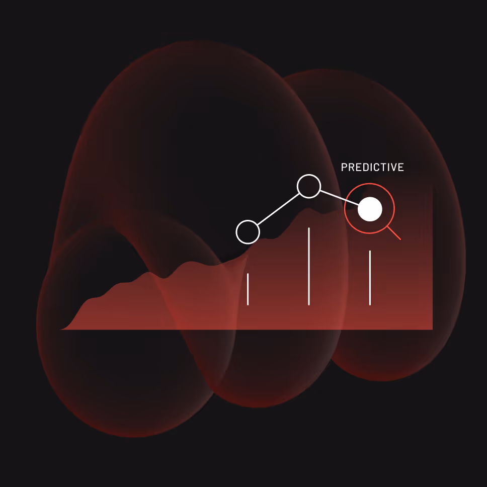 Abstract digital graph with three connected white dots highlighting the word 'PREDICTIVE' on a dark background with red waveforms.