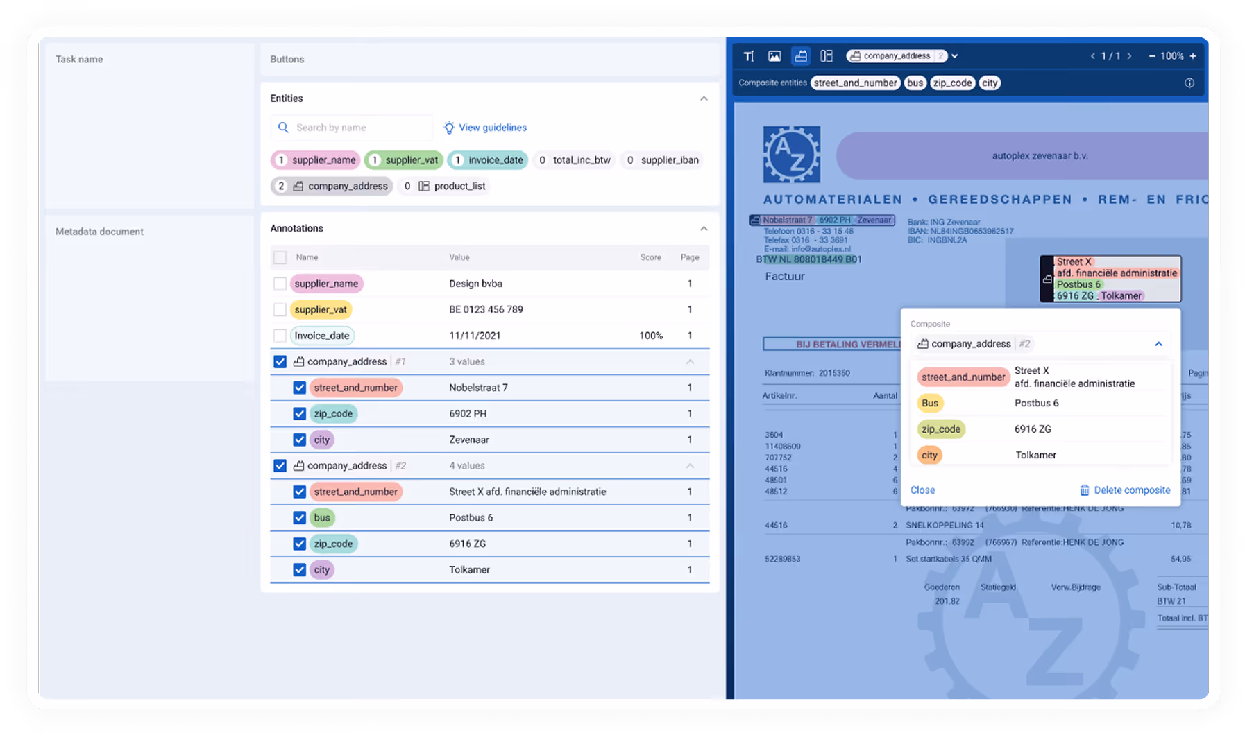 Screenshot of Metamaze’s data annotation tool for document understanding. The left section lists extracted entities such as supplier name, VAT, and company addresses. The right section shows the annotated invoice with composite address components (street, postal code, city) highlighted and grouped under the company_address entity.