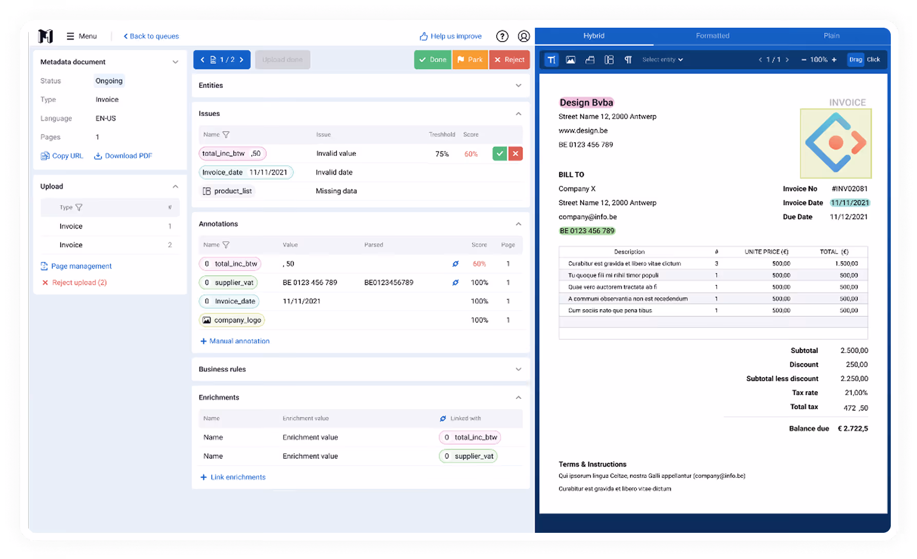 Screenshot of Metamaze’s document validation interface showing an invoice under review. The left pane displays metadata like invoice status, type, and annotations. The right pane previews the invoice document with highlighted fields such as invoice date and VAT. The middle section flags issues like invalid values and missing product data, along with extracted entities and their confidence scores.