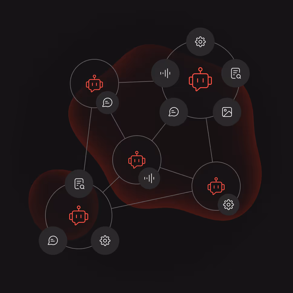 Network diagram with red robot chat icons connected by lines, surrounded by dark gray circles containing various technology and communication icons.