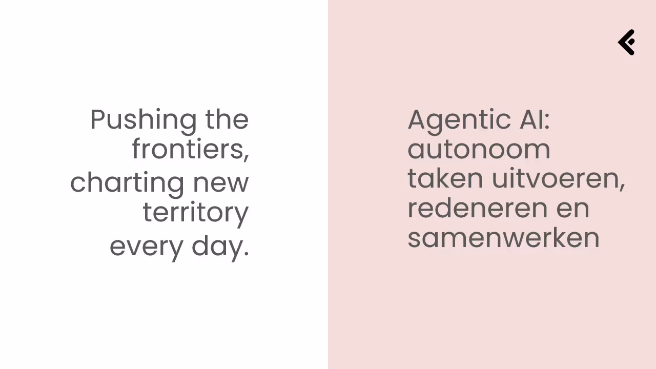 Text on split background: Left side white with 'Pushing the frontiers, charting new territory every day.' Right side light pink with Dutch text about Agentic AI executing tasks autonomously, reasoning, and collaborating.