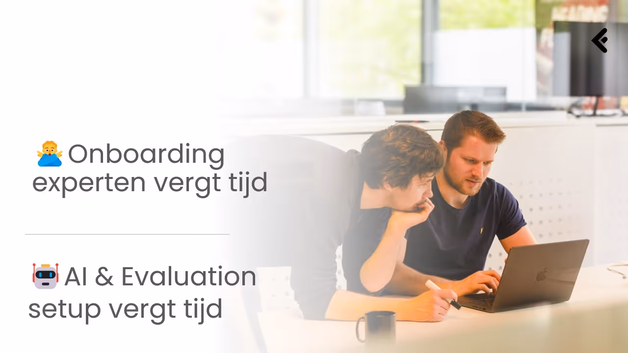 Two men working together at a table with a laptop and marker, accompanied by Dutch text about onboarding experts and AI setup taking time.
