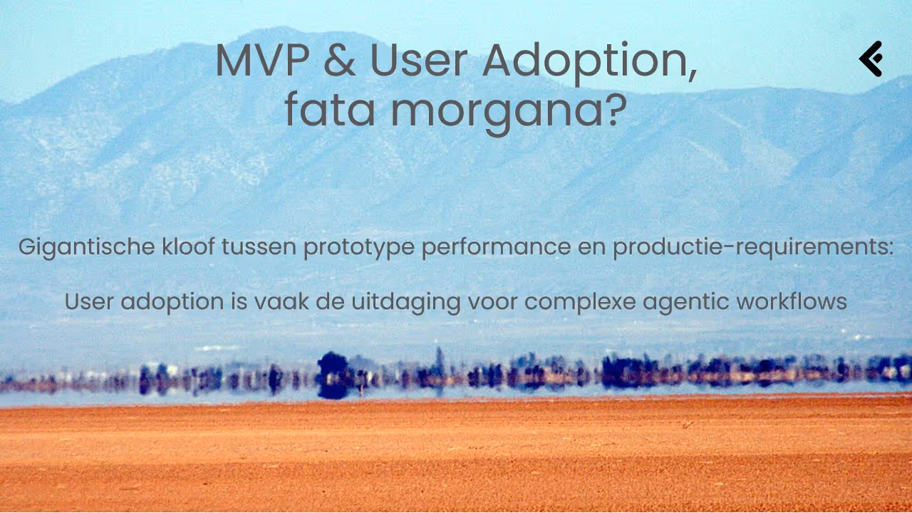 Image showing a desert landscape with a mirage effect and text discussing challenges in MVP and user adoption for complex agentic workflows.