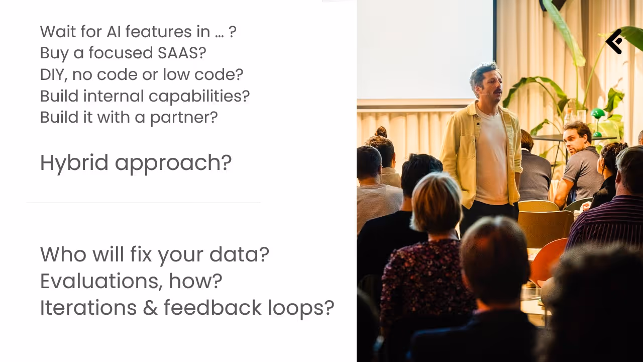 Presentation slide listing questions about AI adoption and data management, next to a speaker addressing an audience in a room with plants.