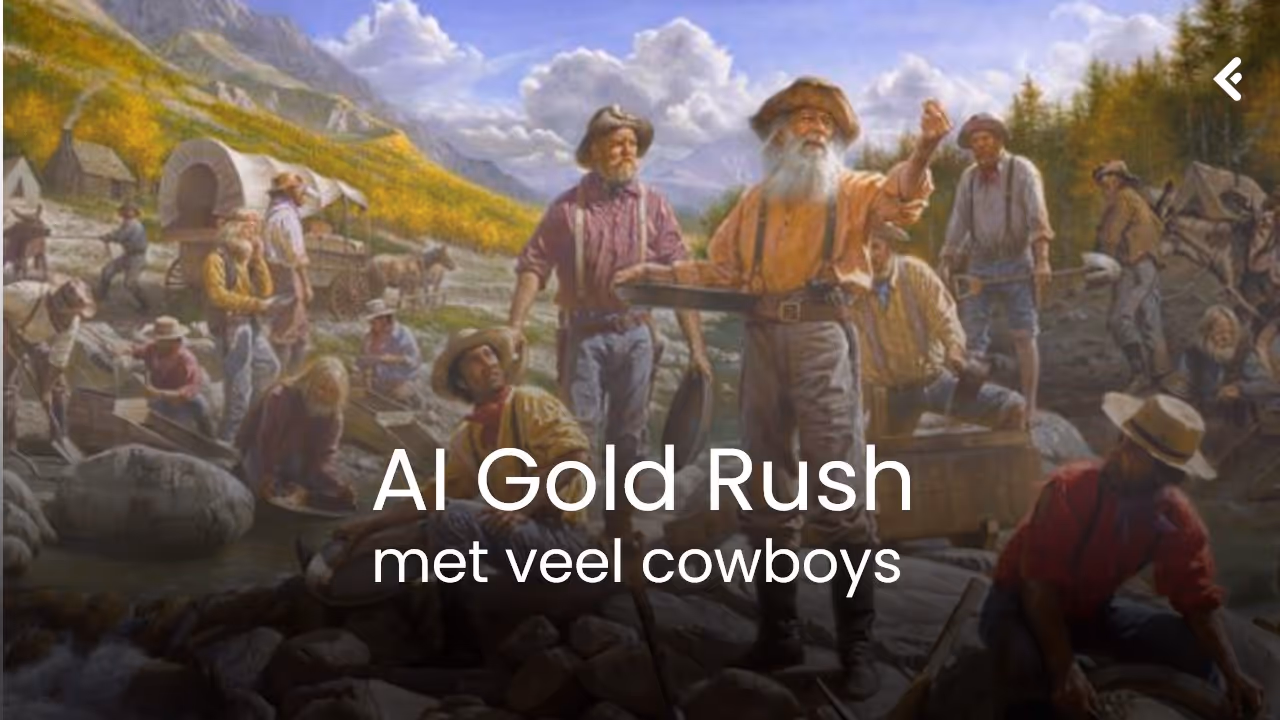 Painting of gold prospectors panning and searching for gold in a mountainous landscape during the Gold Rush era.