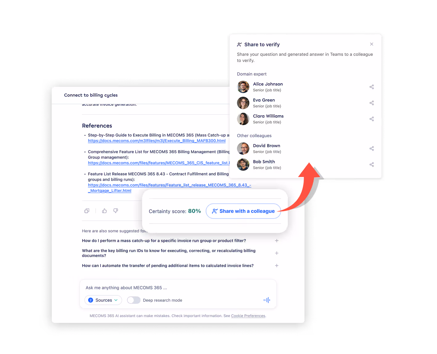 Screenshot of a MECOEMS 365 interface showing billing cycle references and a feature to share an answer with colleagues for verification via Microsoft Teams.