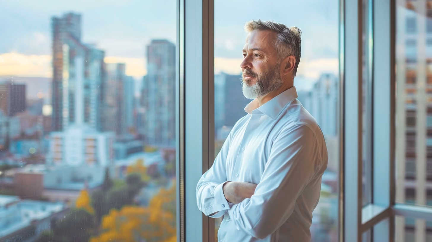 Middle-aged man with a beard and white shirt standing with arms crossed, looking out a large window at a cityscape.