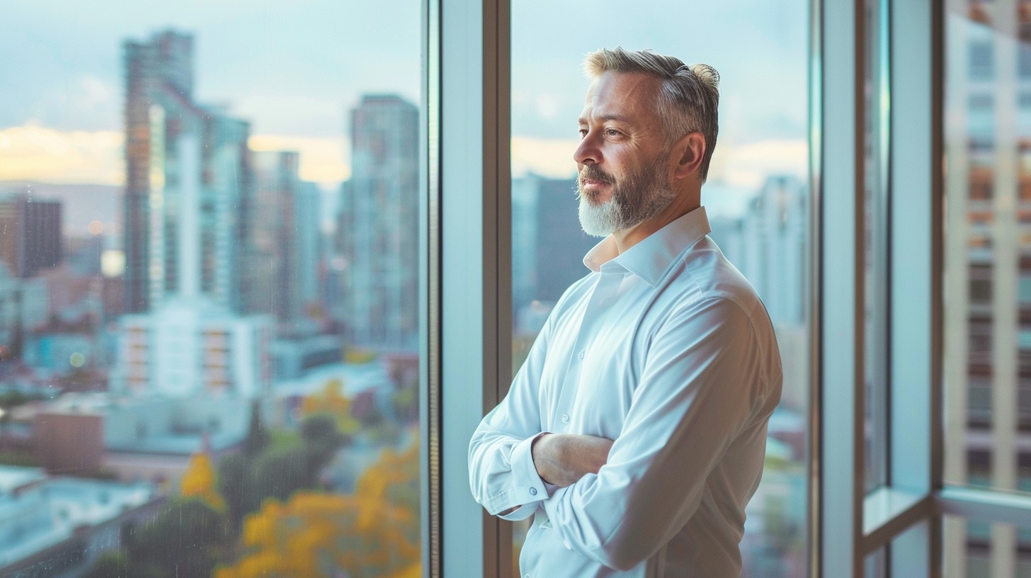 Middle-aged man with a beard and white shirt standing with arms crossed, looking out a large window at a cityscape.