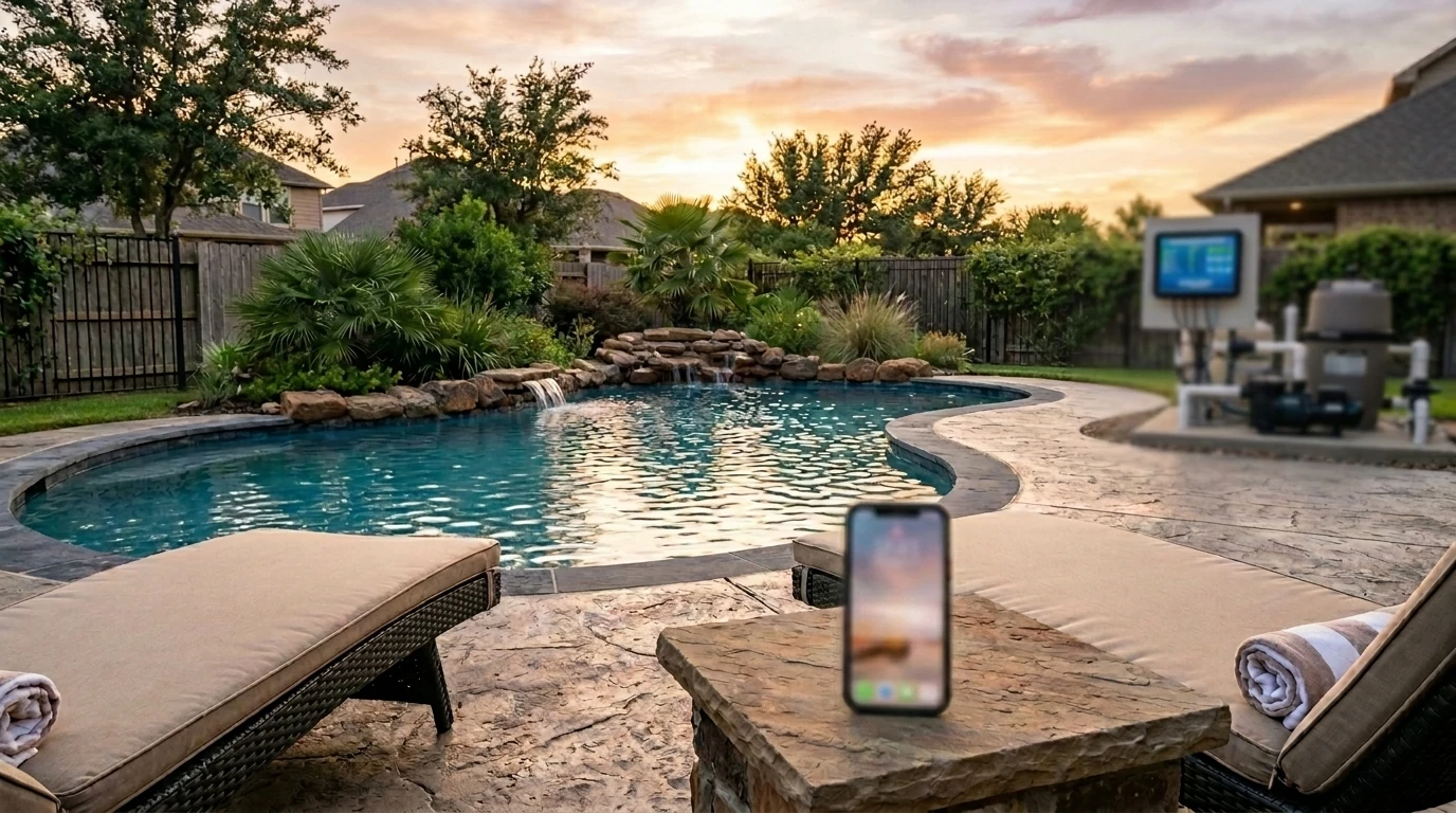 Richmond, TX using a smartphone app beside their backyard pool at golden hour, with a Pentair or Jandy automation control panel visible on the pool equipment pad in the background. 