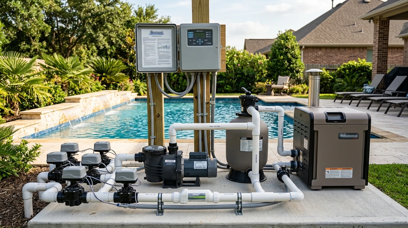 A clean, well-organized pool equipment pad in a Richmond, TX backyard showing a Pentair or Jandy automation controller mounted on a post, connected to a variable-speed pump, heater, and valve actuators.