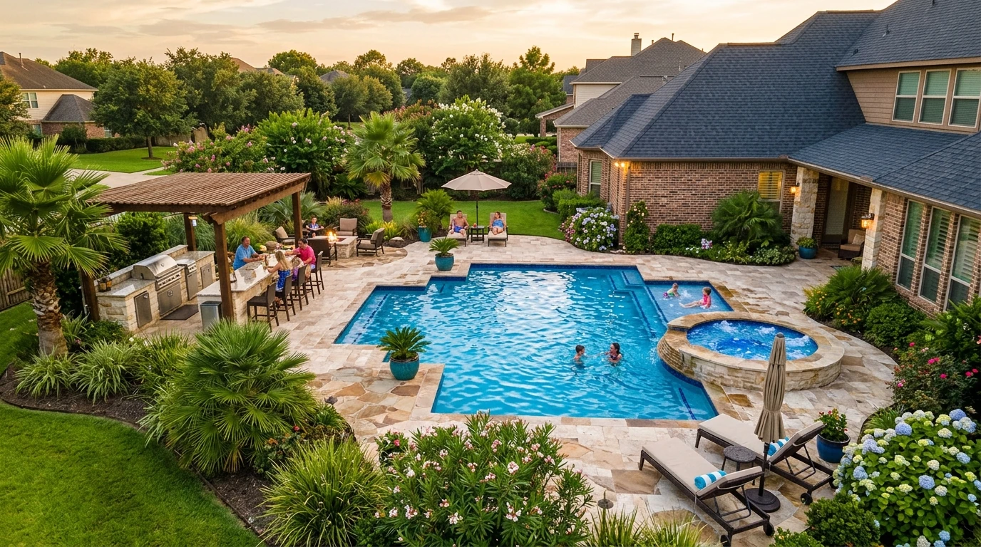 An aerial drone shot of a stunning custom gunite pool with a spa, outdoor kitchen, and stone patio deck in a Rosenberg, TX backyard.