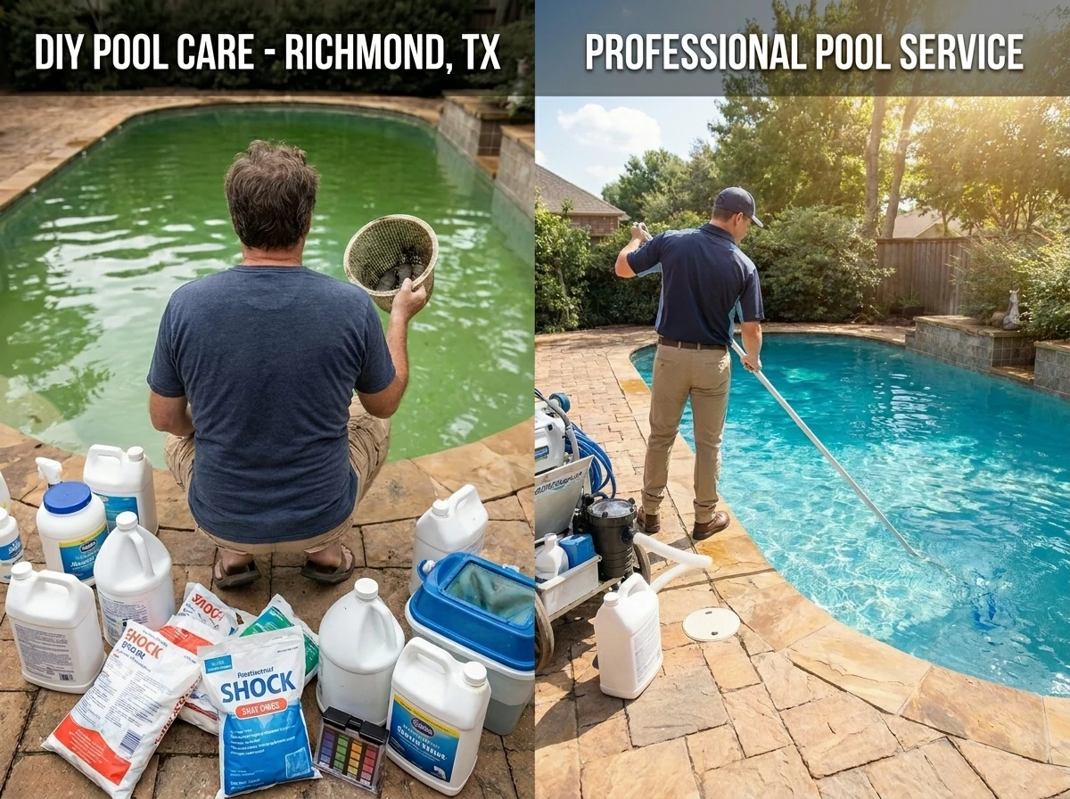 A split image showing a frustrated Richmond, TX homeowner surrounded by pool chemicals, a dirty pool skimmer