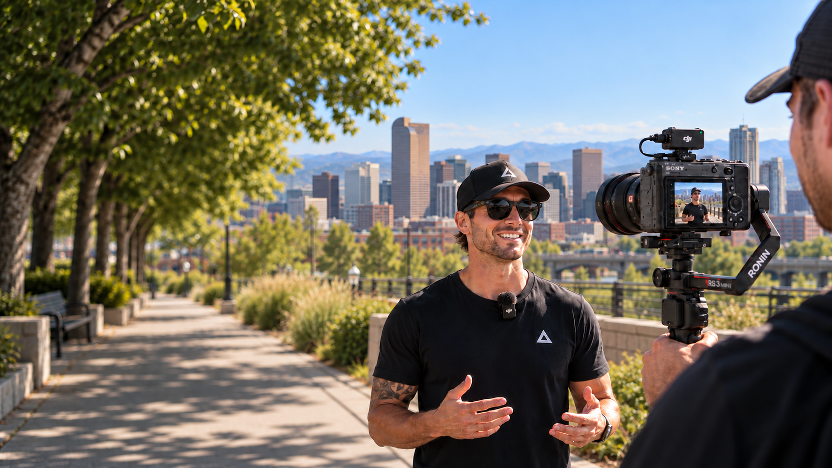 A business interview in Denver, with the city skyline and Front Range behind the camera