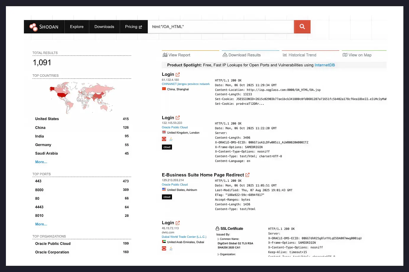 Screenshot showing the results of a Shodan query