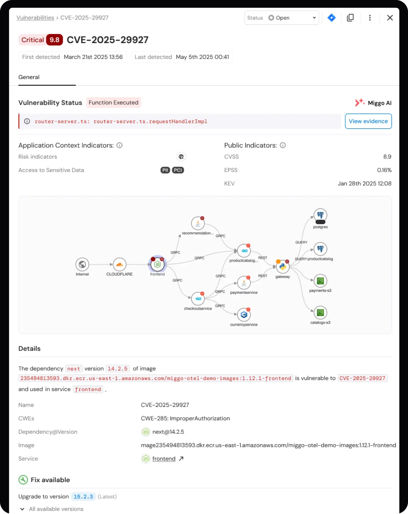 Screenshot of Miggo Vulnerabilities - CVE-2025-29927 screen