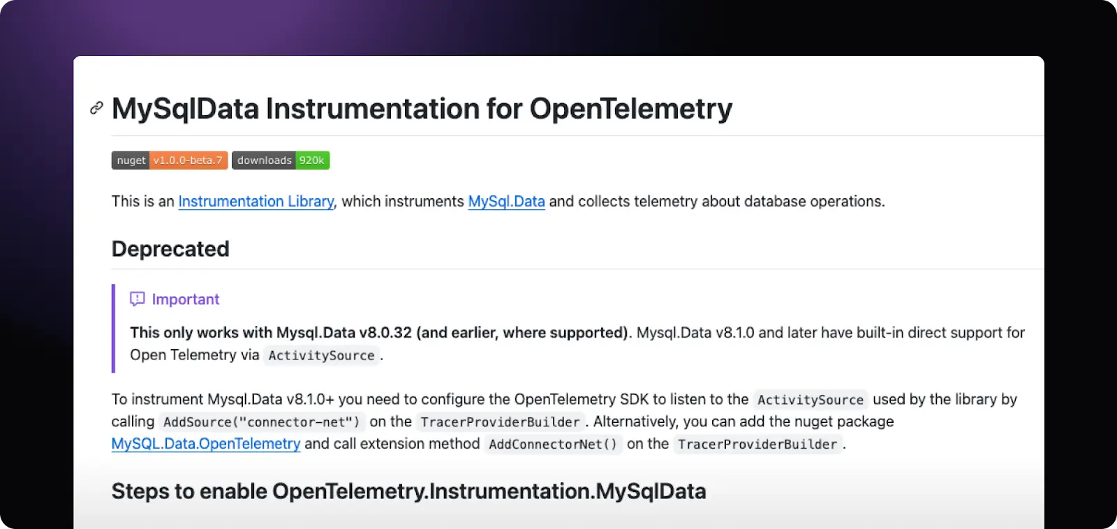 Screenshot showing MySQL instrumentation in the .NET OpenTelemetry sensor.