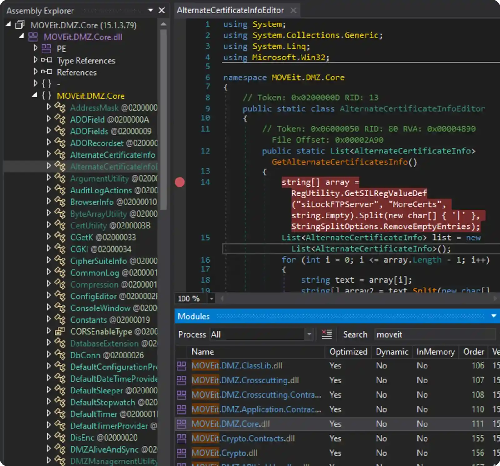 Screenshot of dnSpy showing loaded .NET modules and their code in IIS.